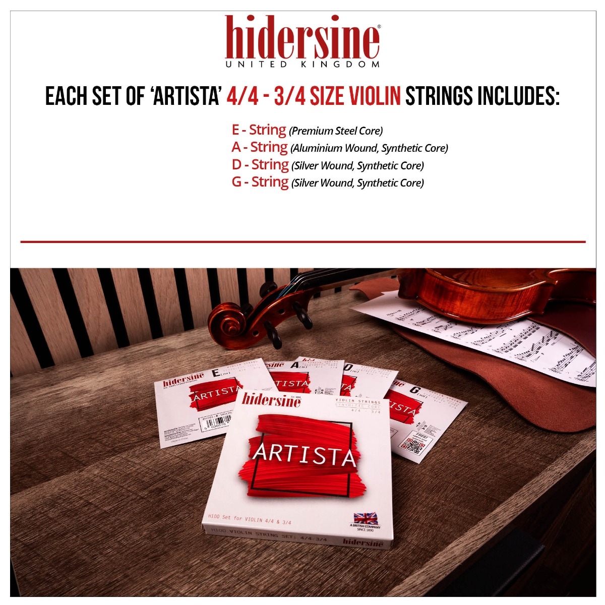 Hidersine Artista Violin String SET – Synthetic Core – 4/4–3/4 Size - Image 8